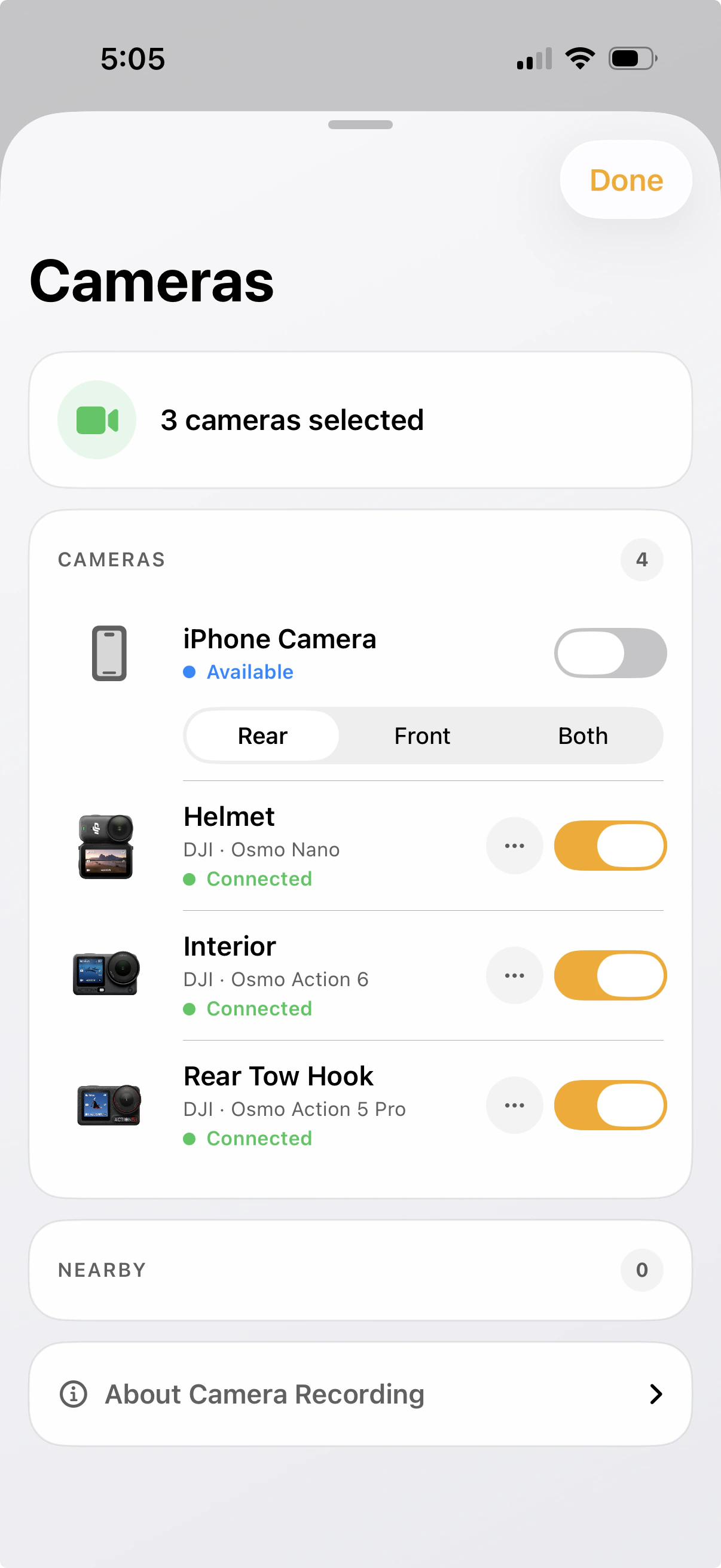 Trackside camera controls showing iPhone camera options and connected DJI action cameras