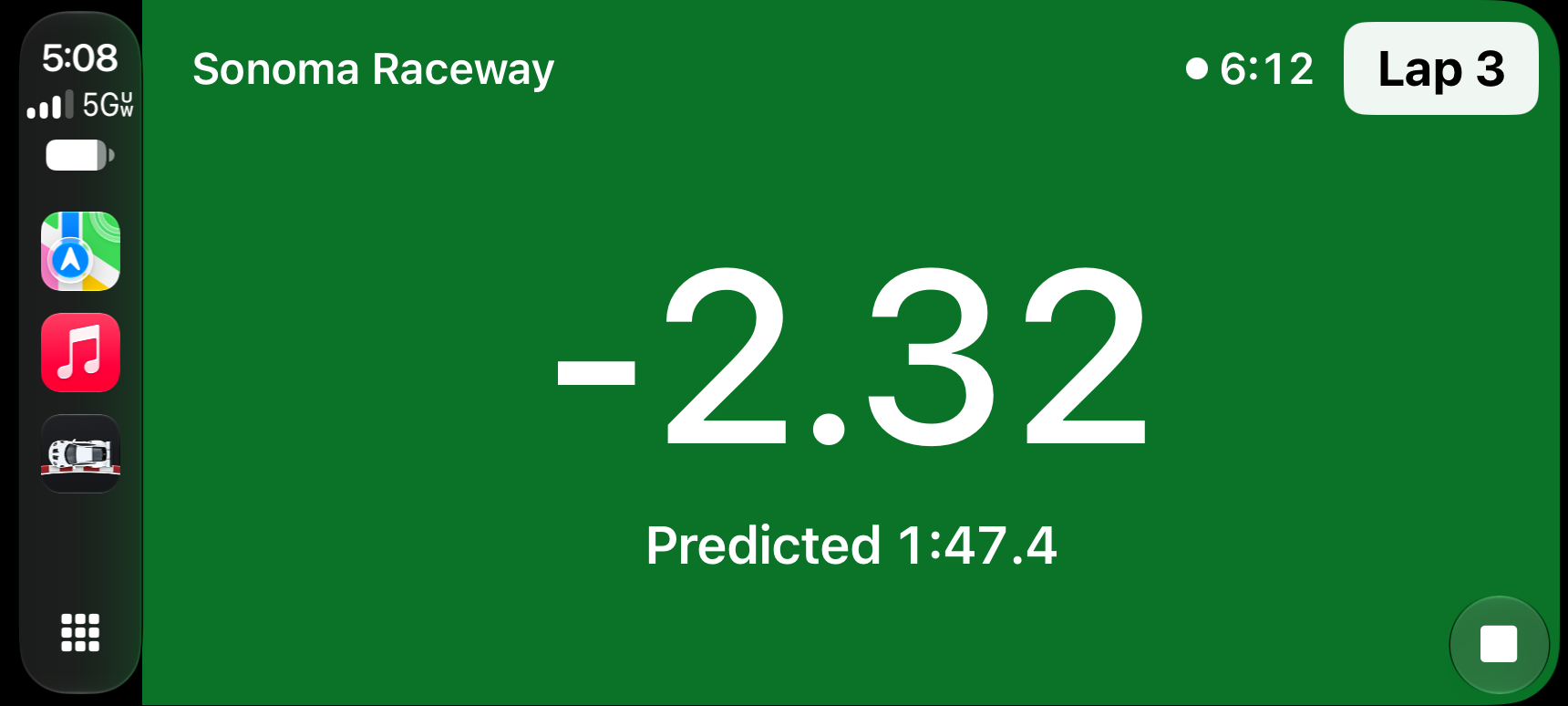 Trackside CarPlay display showing live delta, predicted lap time, and recording controls at Sonoma Raceway