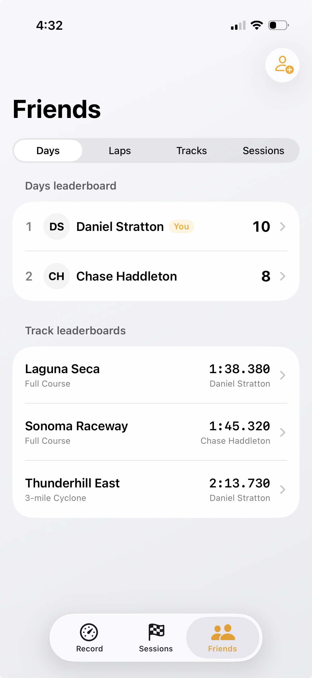 Trackside Friends screen showing track-day and track leaderboards
