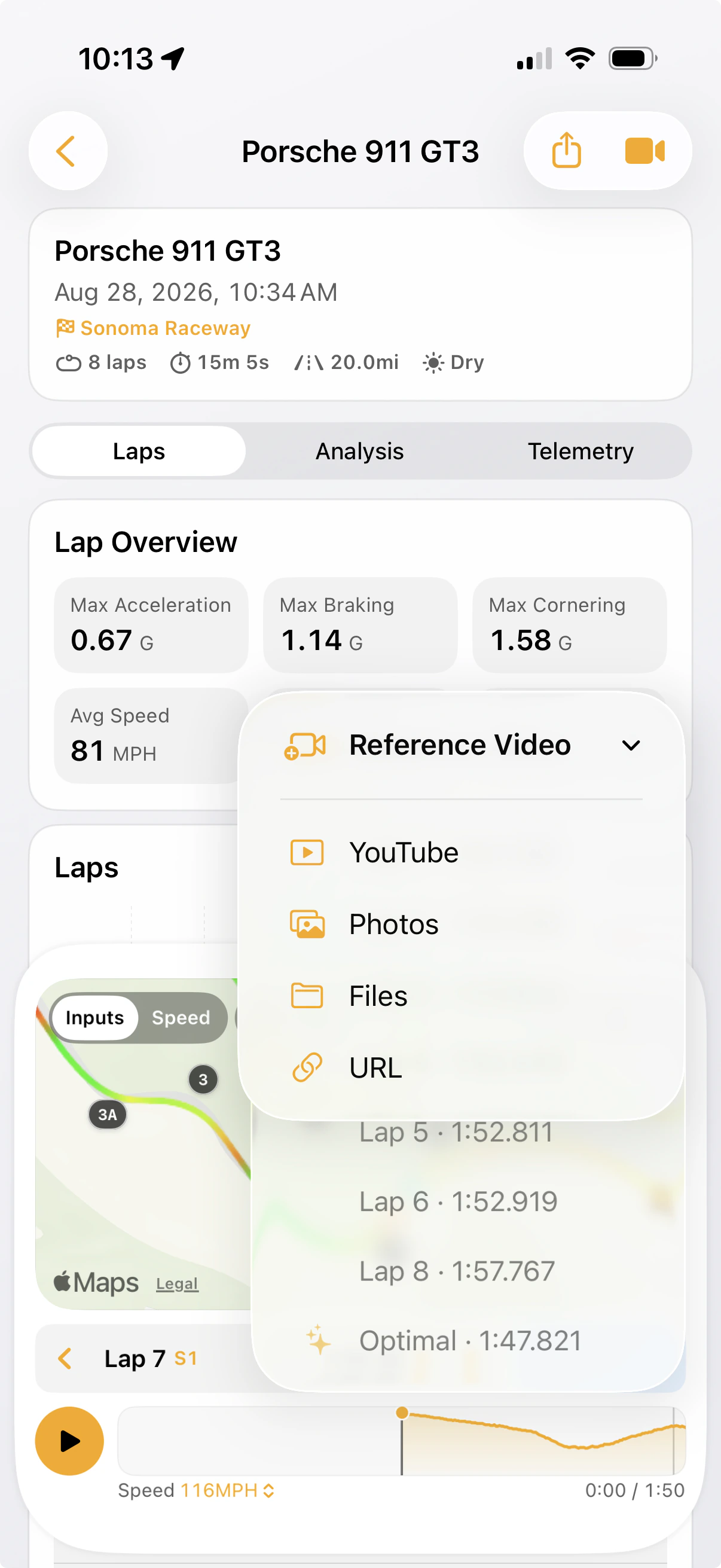 Trackside reference-video menu with YouTube, Photos, Files, and URL options