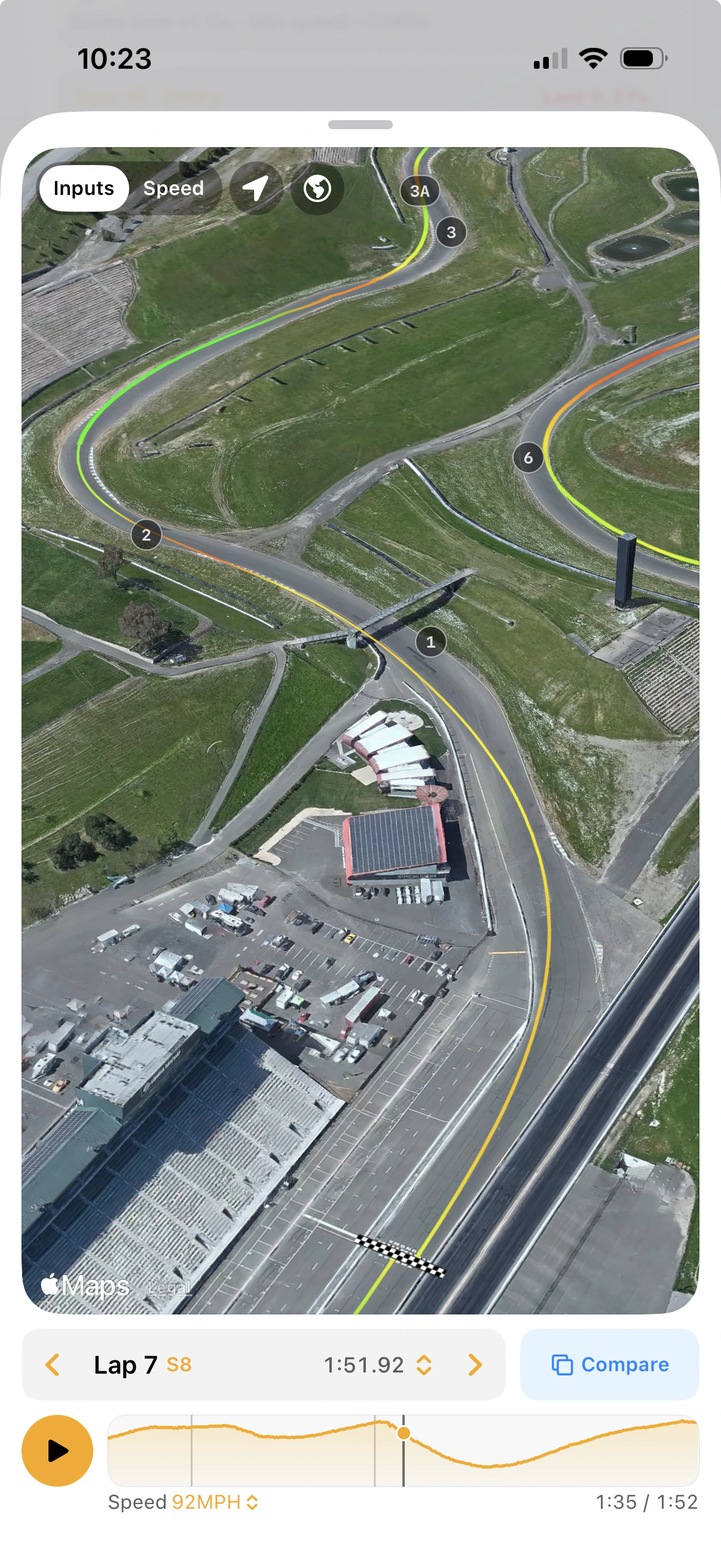 Trackside map of Sonoma Raceway showing corner labels and a recorded racing line