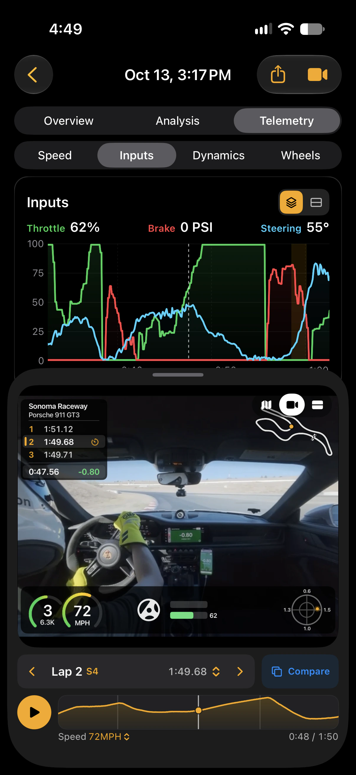 Trackside telemetry inputs above synchronized onboard video with lap timing, track map, and driving-input overlays