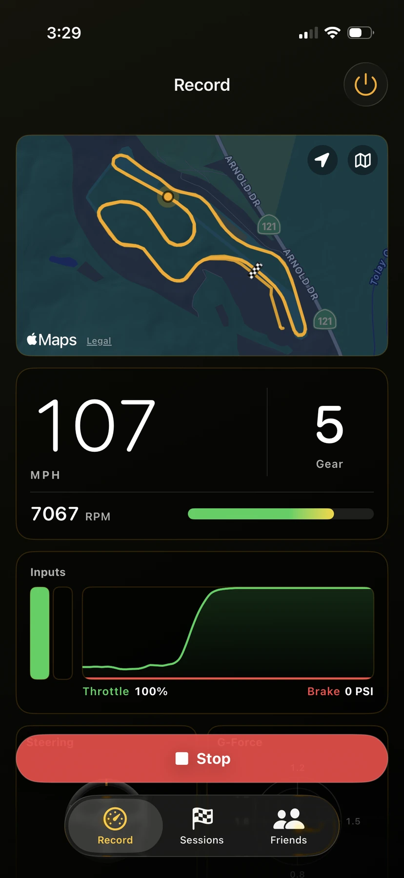 Trackside recording live Porsche telemetry, including speed, gear, throttle, brake, steering, and G-force
