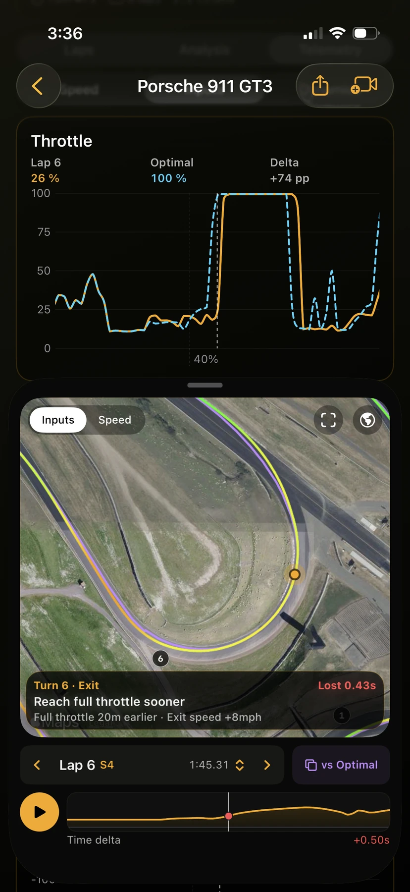 Trackside comparing throttle traces through a corner against the optimal lap