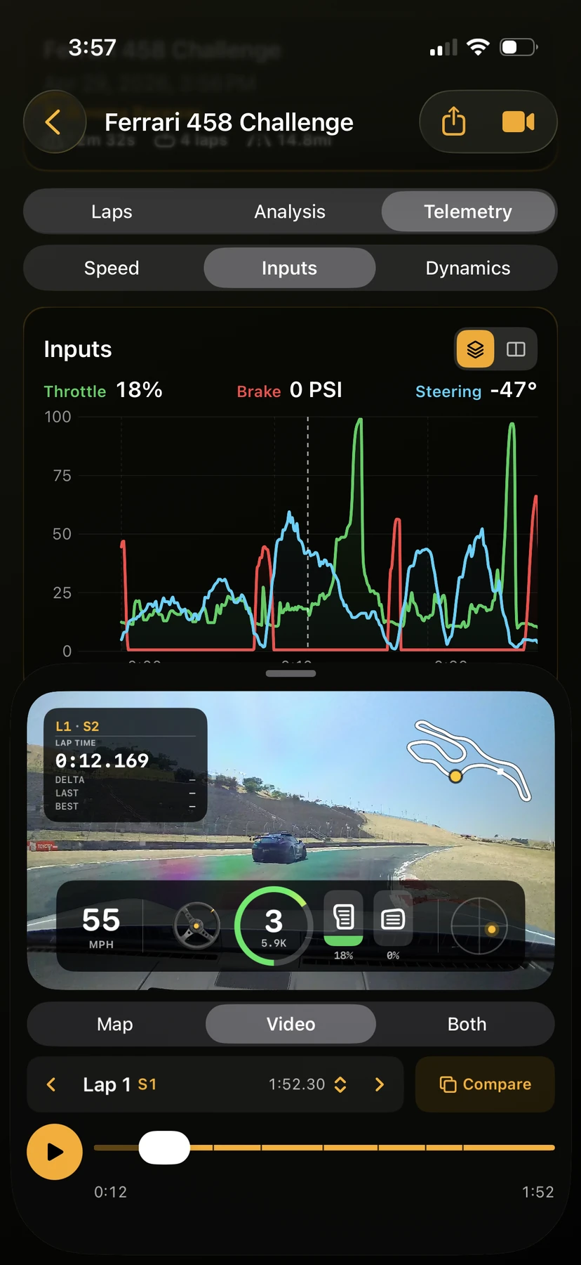 Trackside replaying an on-track video with lap timing, track map, speed, gear, throttle, and brake overlays